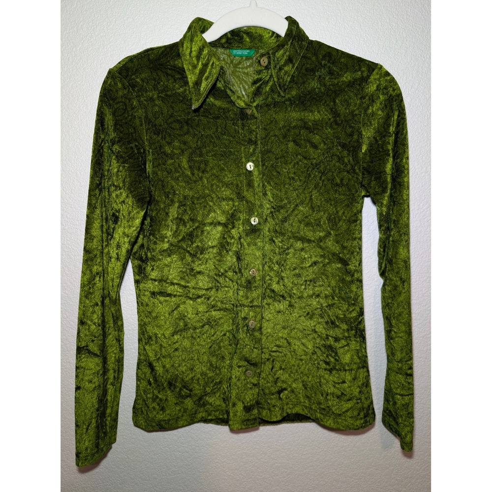 United Colors of Benetton Velvet Burnout Shirt S Green Crushed Vintage Grunge